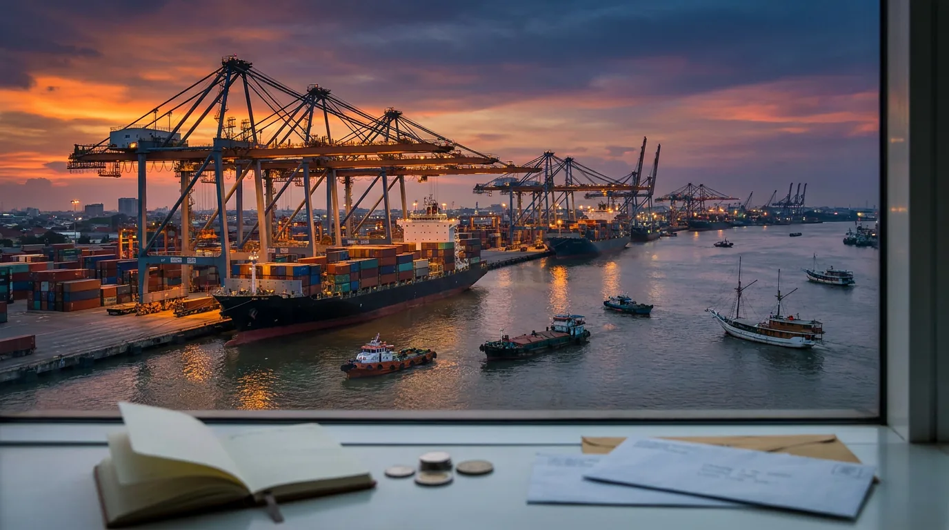 Aktivitas bongkar muat peti kemas di pelabuhan kargo Indonesia saat senja yang melambangkan rantai pasok dan perdagangan global.