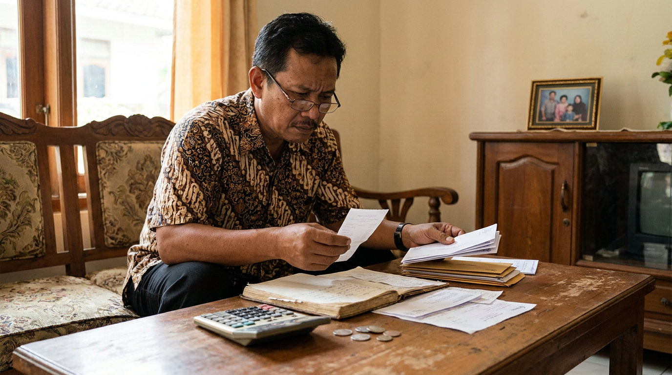 Seseorang mengevaluasi tagihan dan anggaran keuangan di rumah.