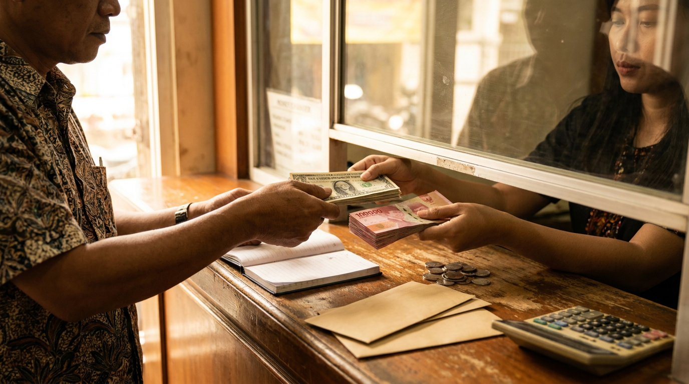 Transaksi penukaran dolar AS dan Rupiah di money changer Indonesia.