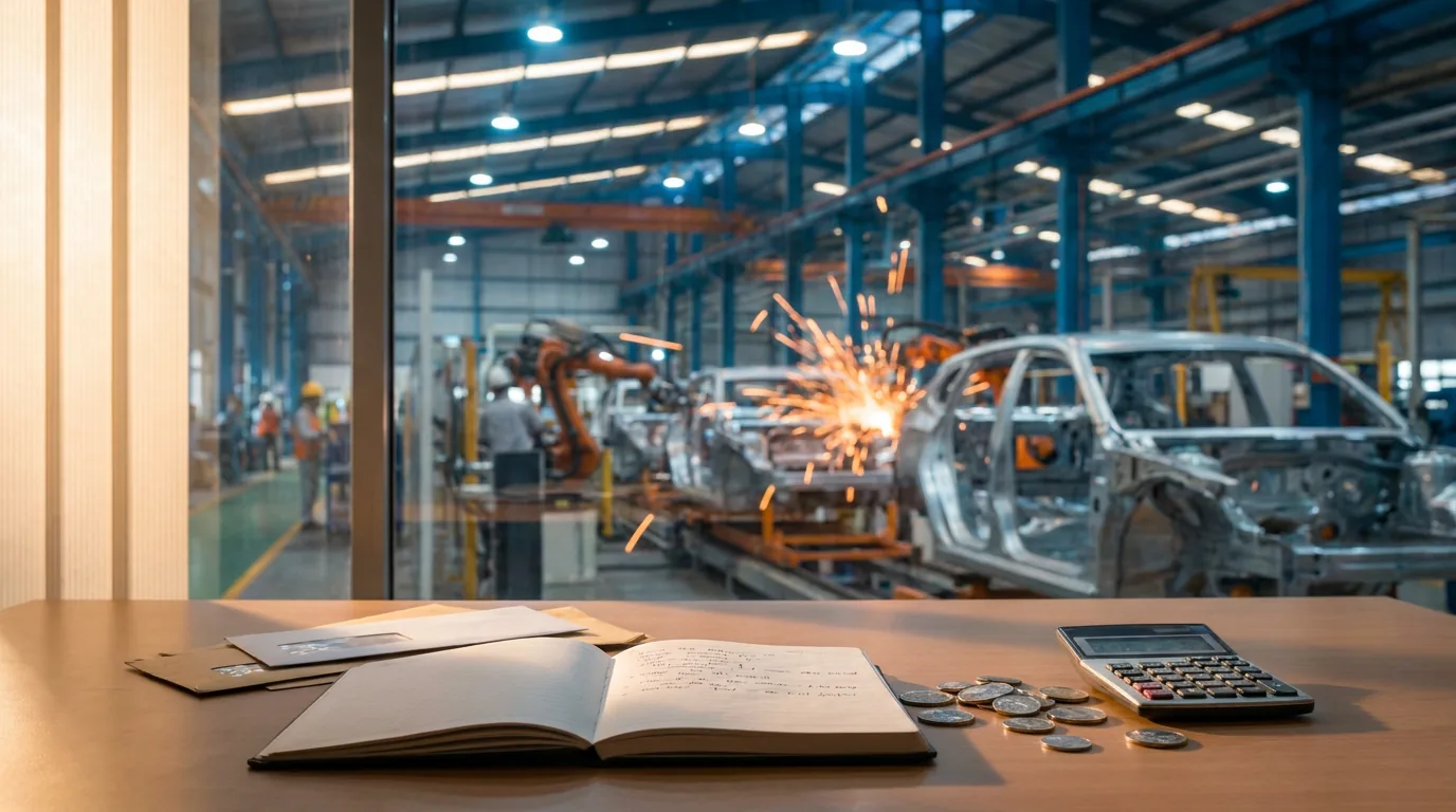 Proses perakitan mobil di dalam pabrik manufaktur otomotif modern yang rentan terhadap guncangan kebijakan tarif perdagangan.