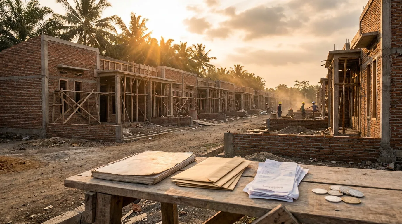 Proyek pembangunan perumahan baru di Indonesia yang merepresentasikan sektor properti dan dampak suku bunga pada Kredit Pemilikan Rumah (KPR).
