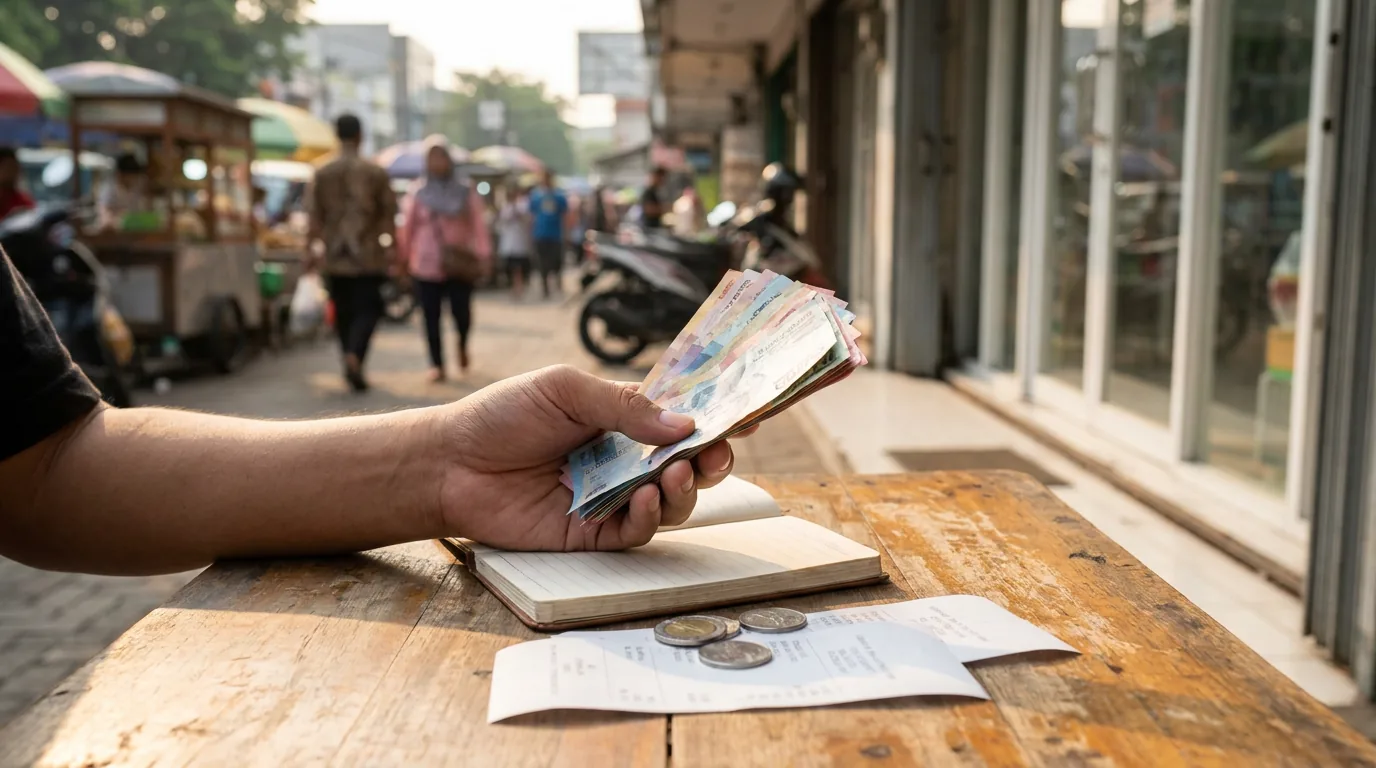 Tangan memegang uang kertas Rupiah dengan latar belakang aktivitas konsumen di pusat perbelanjaan yang sibuk di Indonesia.
