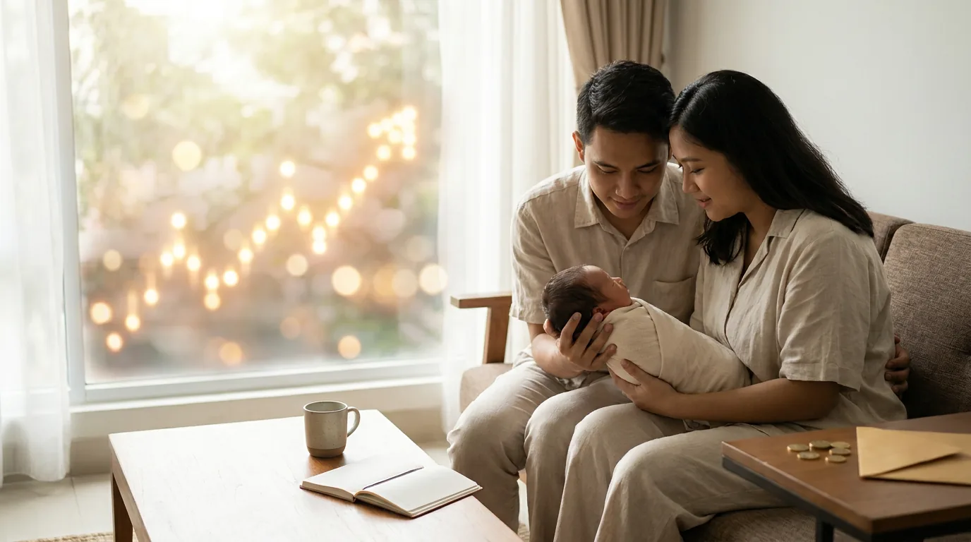 Pasangan muda Indonesia sedang menggendong bayi mereka dengan latar belakang cahaya hangat yang melambangkan harapan dan investasi masa depan anak.