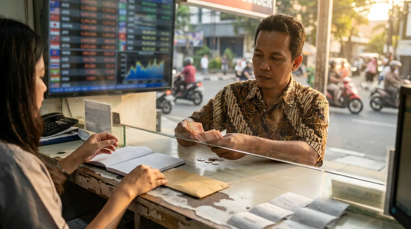Seseorang menukarkan uang Rupiah di money changer, menggambarkan tekanan pada nilai tukar mata uang.