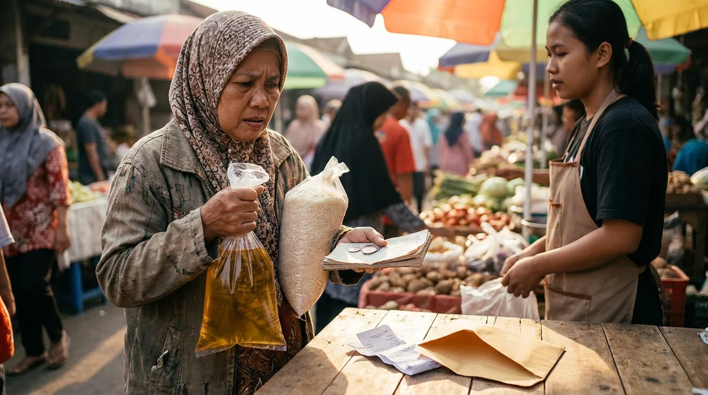 Konsumen Indonesia sedang berbelanja kebutuhan pokok di pasar dengan raut wajah khawatir akan kenaikan harga.