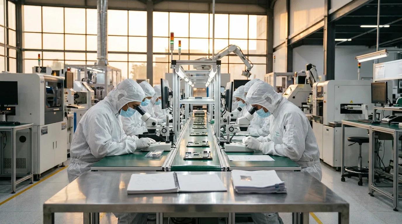 Pekerja di pabrik perakitan elektronik modern sedang memeriksa komponen cip komputer di jalur produksi berteknologi tinggi.