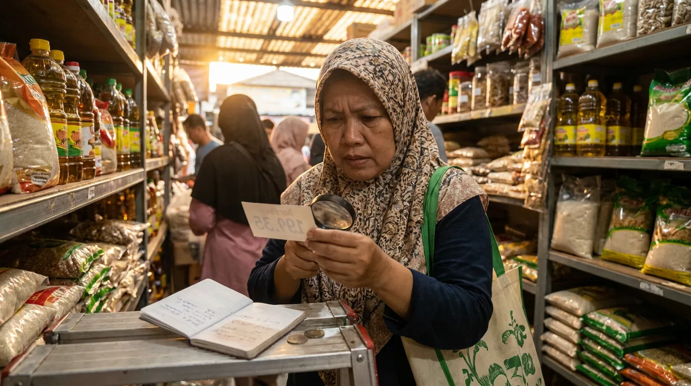 Seorang konsumen mengecek harga barang kebutuhan di pasar swalayan lokal akibat dampak pelemahan nilai tukar Rupiah.