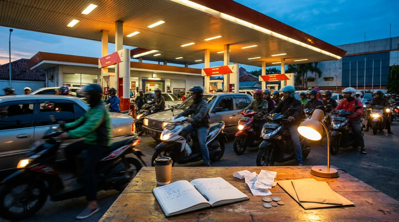 Antrean motor dan mobil di pom bensin pada malam hari yang menggambarkan tingginya konsumsi energi harian masyarakat Indonesia.