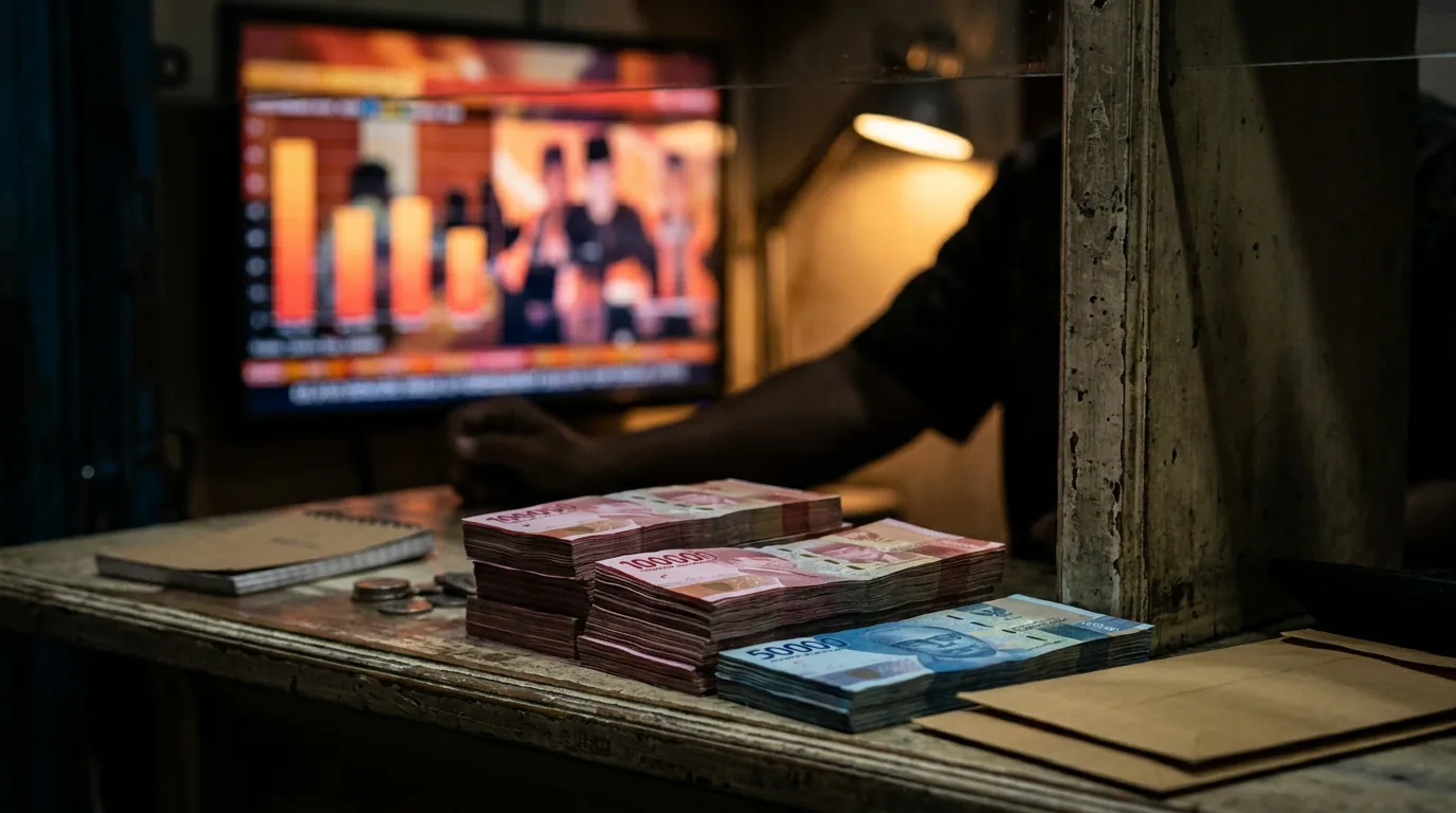 Tumpukan uang kertas Rupiah dengan latar belakang papan kurs valuta asing yang buram, menggambarkan tekanan ekonomi global terhadap nilai tukar.