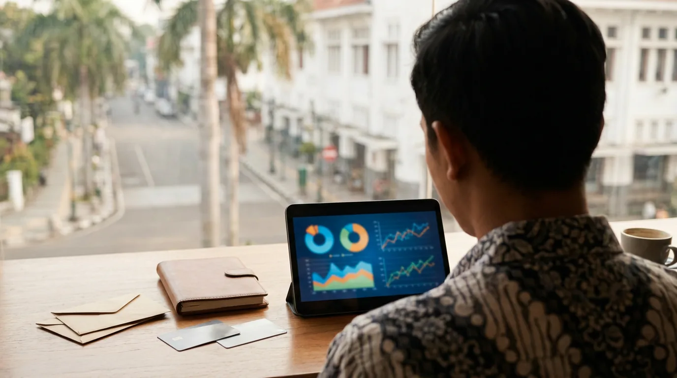 Seorang profesional muda di kafe Jakarta sedang melihat grafik diversifikasi aset keuangan di layar tablet.