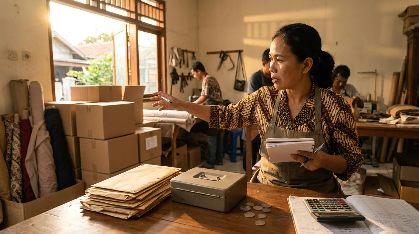 Seorang pengusaha UMKM Indonesia yang sedang mengelola inventaris dan produksi di ruang kerjanya, melambangkan langkah praktis dalam membangun dan memperluas aset.