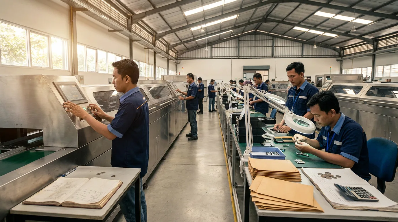 Pekerja pabrik di Indonesia sedang mengoperasikan mesin dan memeriksa produk di jalur perakitan yang modern.