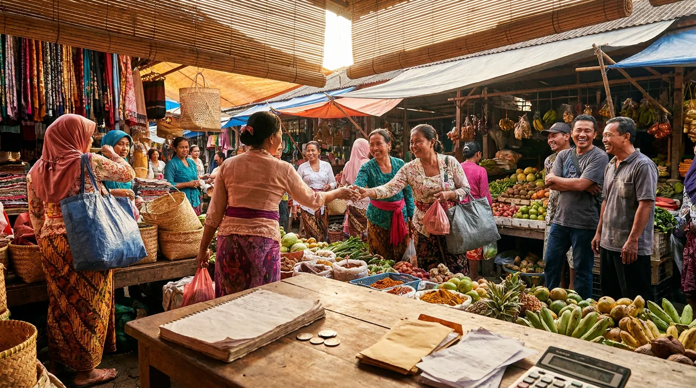 Suasana pasar tradisional di Indonesia yang ramai oleh interaksi antara pedagang dan pembeli, menunjukkan perputaran ekonomi lokal yang positif.