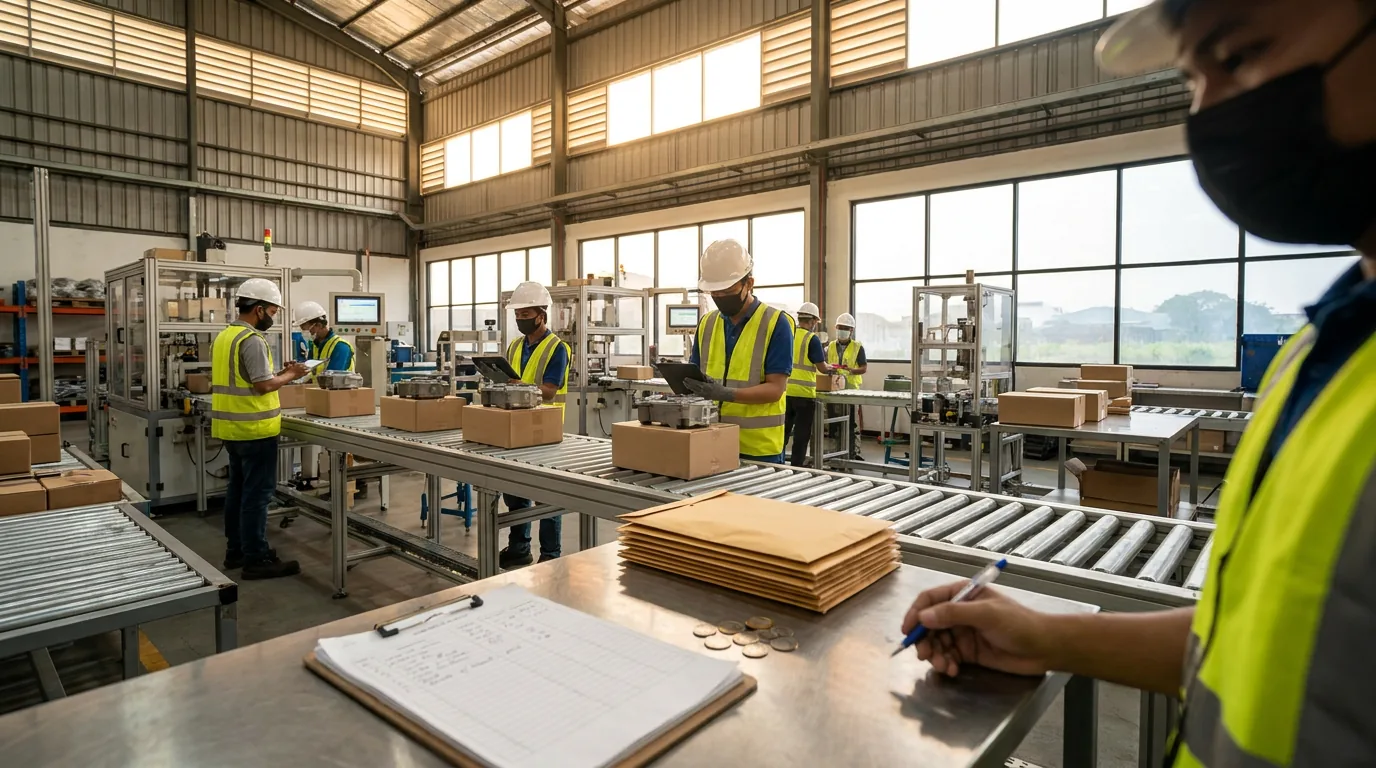 Pekerja pabrik manufaktur modern di Indonesia sedang memeriksa hasil produksi.