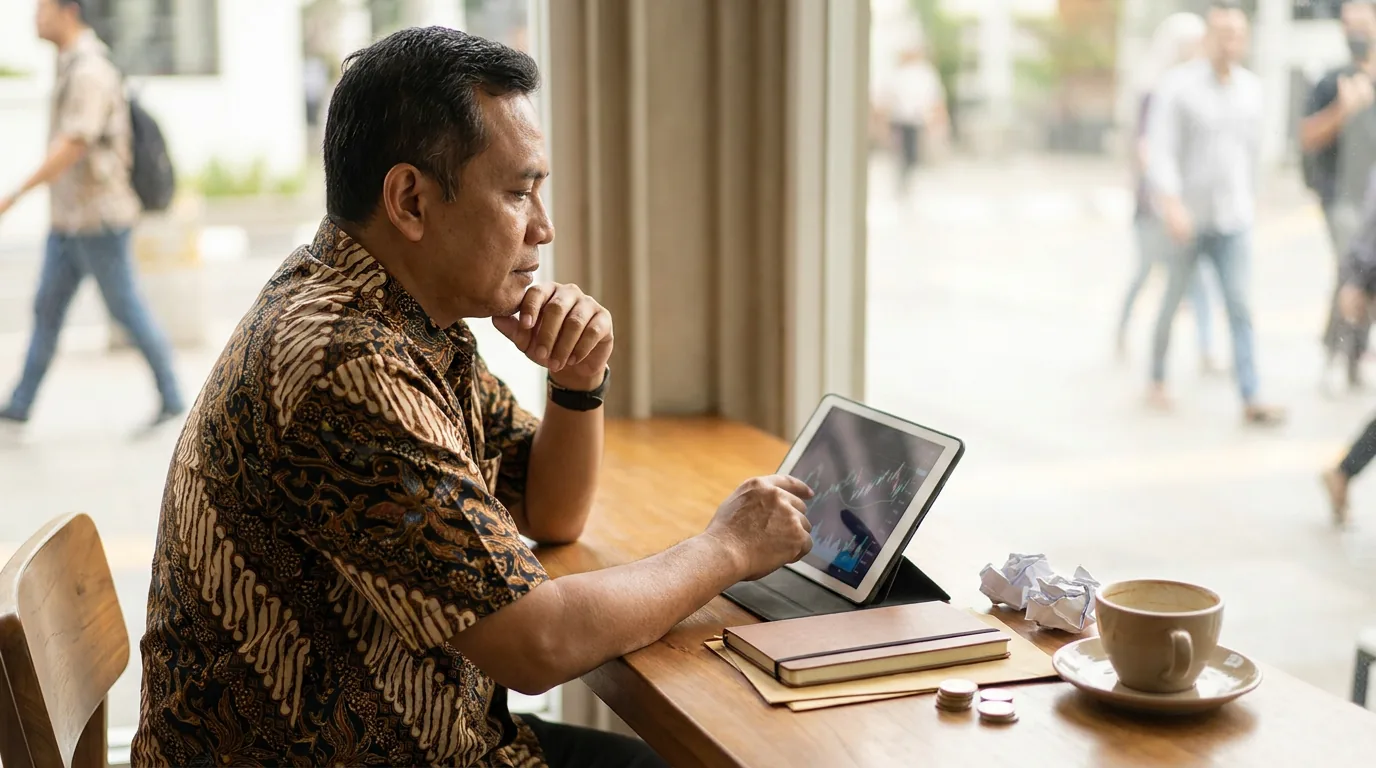 Investor menganalisis grafik keuangan abstrak di tablet.