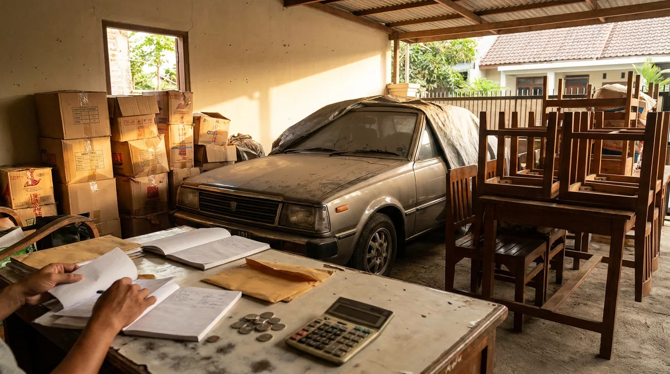 Kendaraan berdebu dan tumpukan barang di garasi rumah tangga Indonesia sebagai contoh penumpukan aset fisik yang tidak produktif.