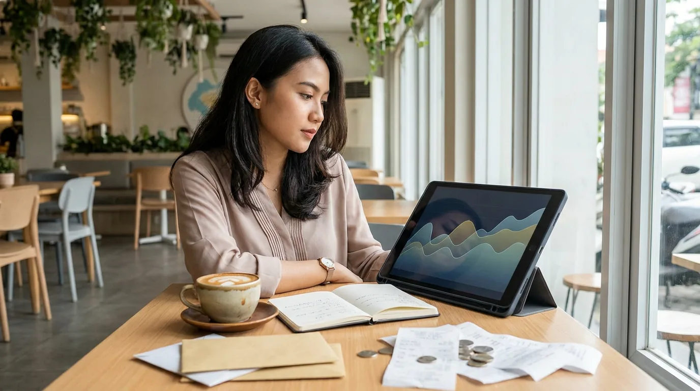 Seorang profesional muda Indonesia sedang mengevaluasi grafik keuangan abstrak di layar tablet di sebuah kafe modern.