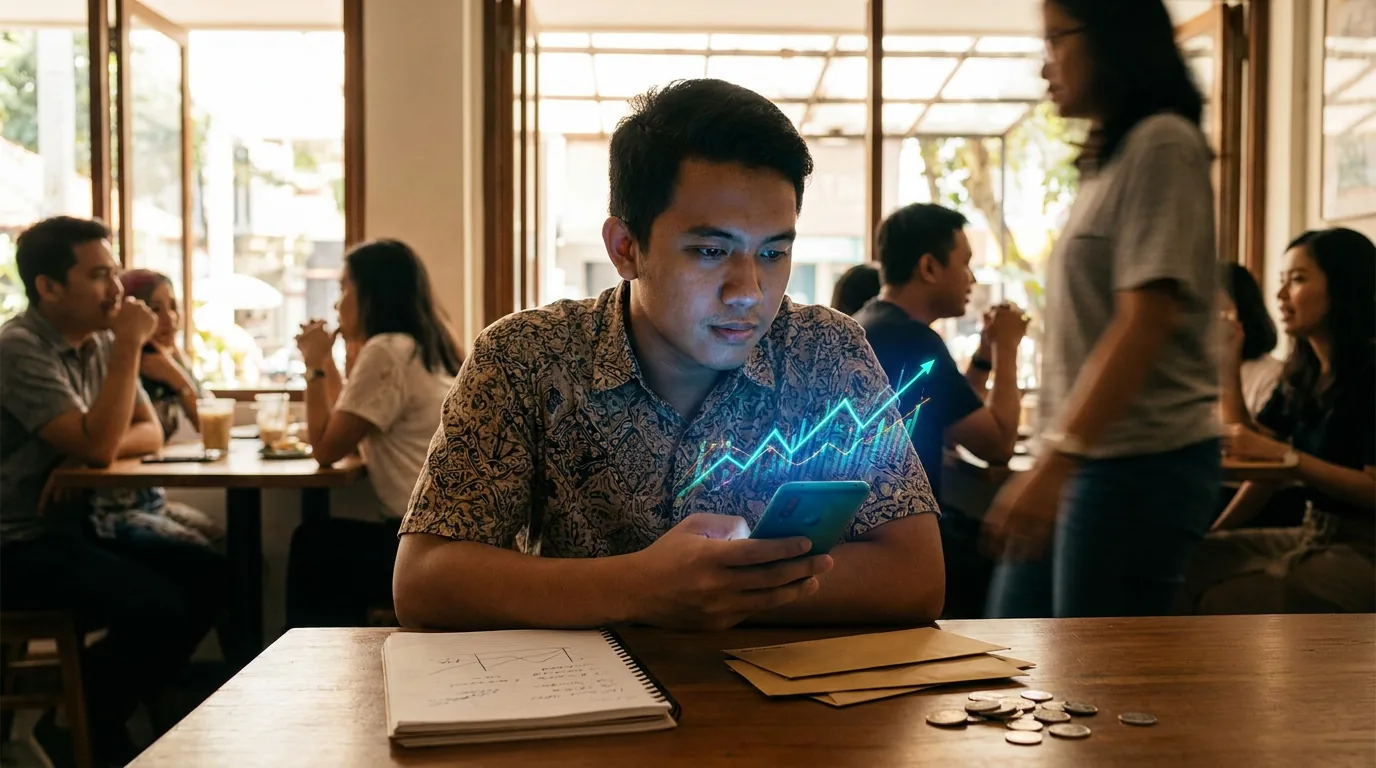 Pria muda di kafe Jakarta melihat grafik saham naik di ponsel