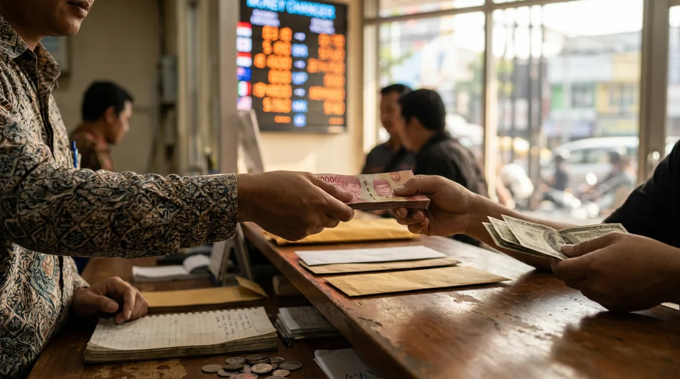 Transaksi penukaran uang Rupiah dan Dolar AS di money changer dengan latar belakang papan nilai tukar digital yang abstrak.