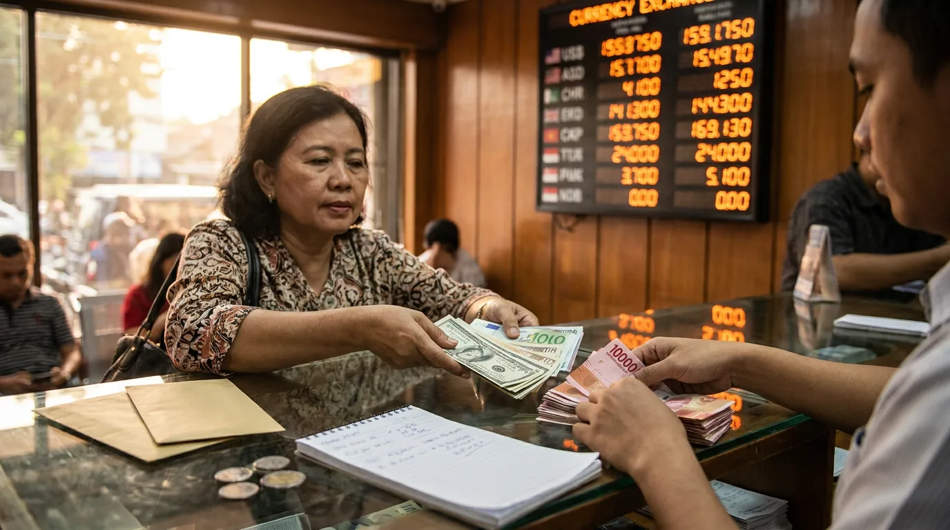 Transaksi penukaran mata uang asing di money changer Jakarta, merepresentasikan dampak aliran modal asing terhadap nilai tukar Rupiah.