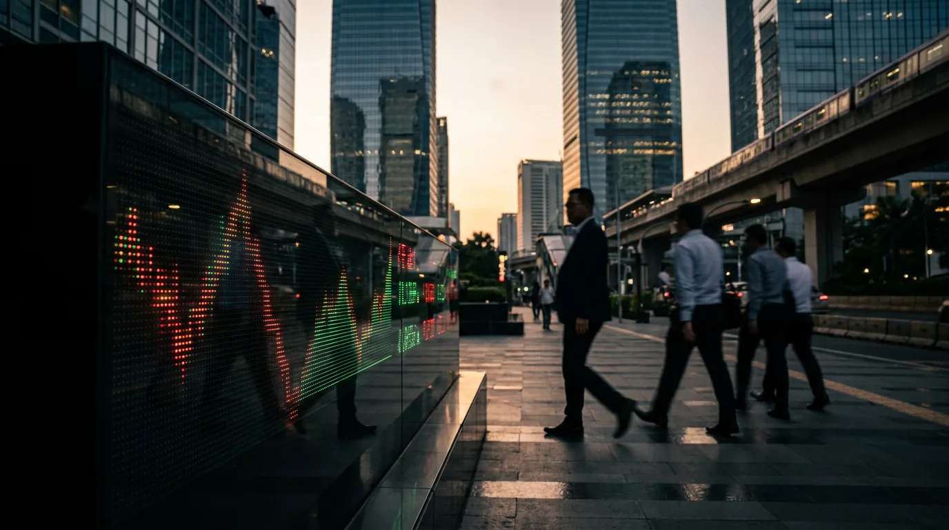 Papan penunjuk pasar finansial digital dengan grafik merah dan hijau di kawasan bisnis Jakarta, melambangkan gejolak ekonomi global.