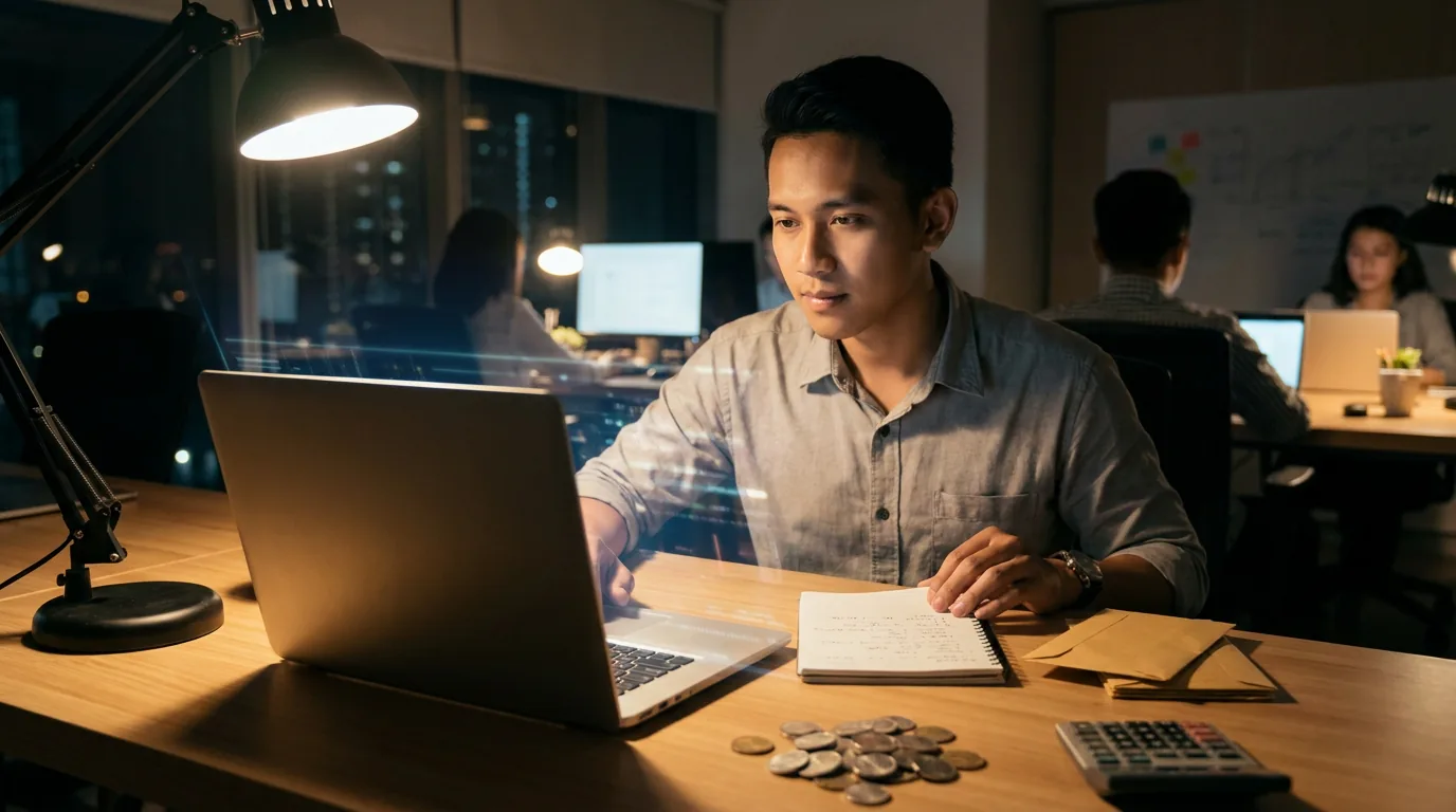 Pekerja profesional Indonesia di kantor startup sedang fokus bekerja di depan layar komputer, menghadapi tantangan otomatisasi industri.