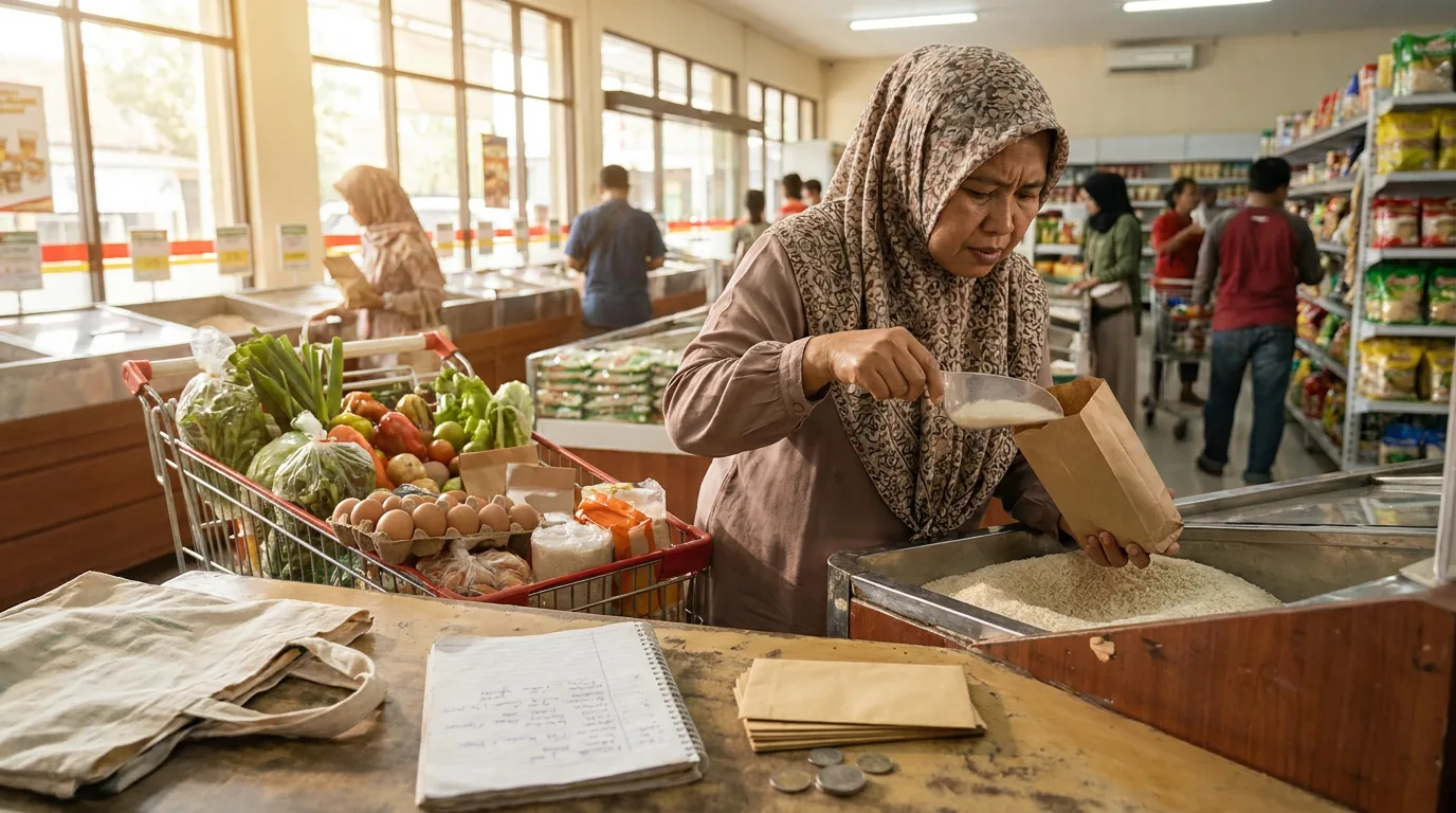 Seorang konsumen di Indonesia sedang berbelanja kebutuhan pokok di swalayan, mencerminkan strategi mengatur ulang anggaran belanja bulanan.