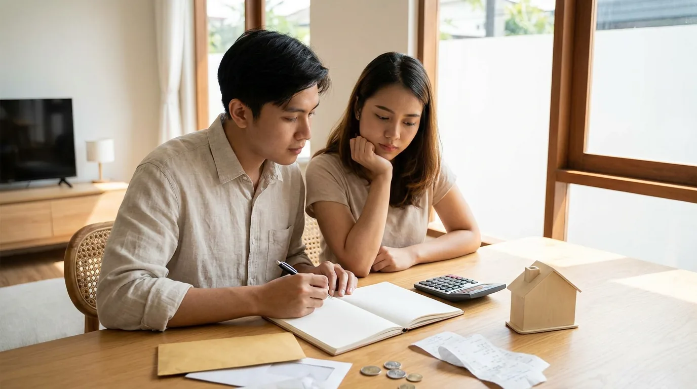 Pasangan muda Indonesia sedang berdiskusi dan menghitung perencanaan keuangan secara matang untuk menyiapkan dana uang muka pembelian rumah.