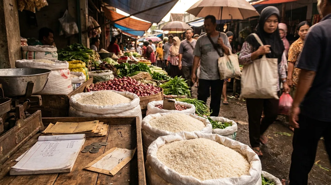 Suasana sibuk di pasar tradisional Indonesia dengan fokus pada tumpukan karung beras dan sayuran, menggambarkan dampak inflasi dan ancaman kenaikan harga pangan akibat El Nino.