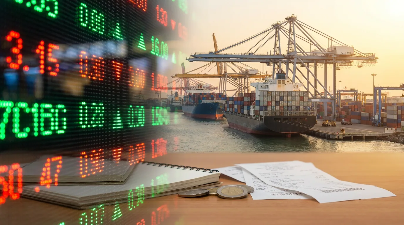 Papan saham elektronik abstrak yang berpadu dengan aktivitas pelabuhan komersial di Indonesia pada pagi hari, mewakili pergerakan ekonomi makro.