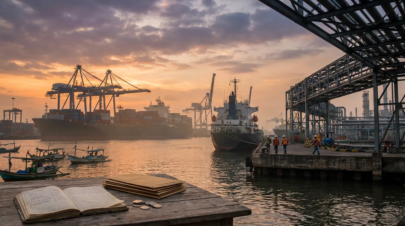 Aktivitas pelabuhan industri dan kilang minyak di Indonesia pada pagi hari yang merepresentasikan sektor energi dan sentimen komoditas global.