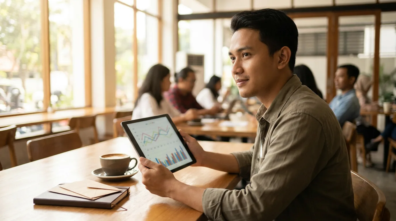 Seorang investor ritel muda Indonesia sedang mengevaluasi portofolio investasi dengan tenang di sebuah kafe untuk menghindari FOMO.
