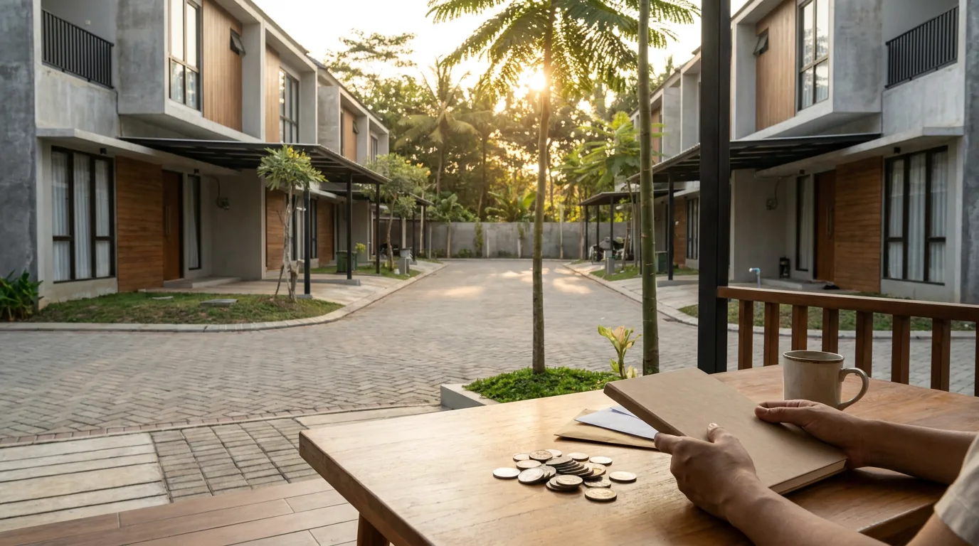 Deretan rumah di perumahan modern Indonesia pada sore hari.