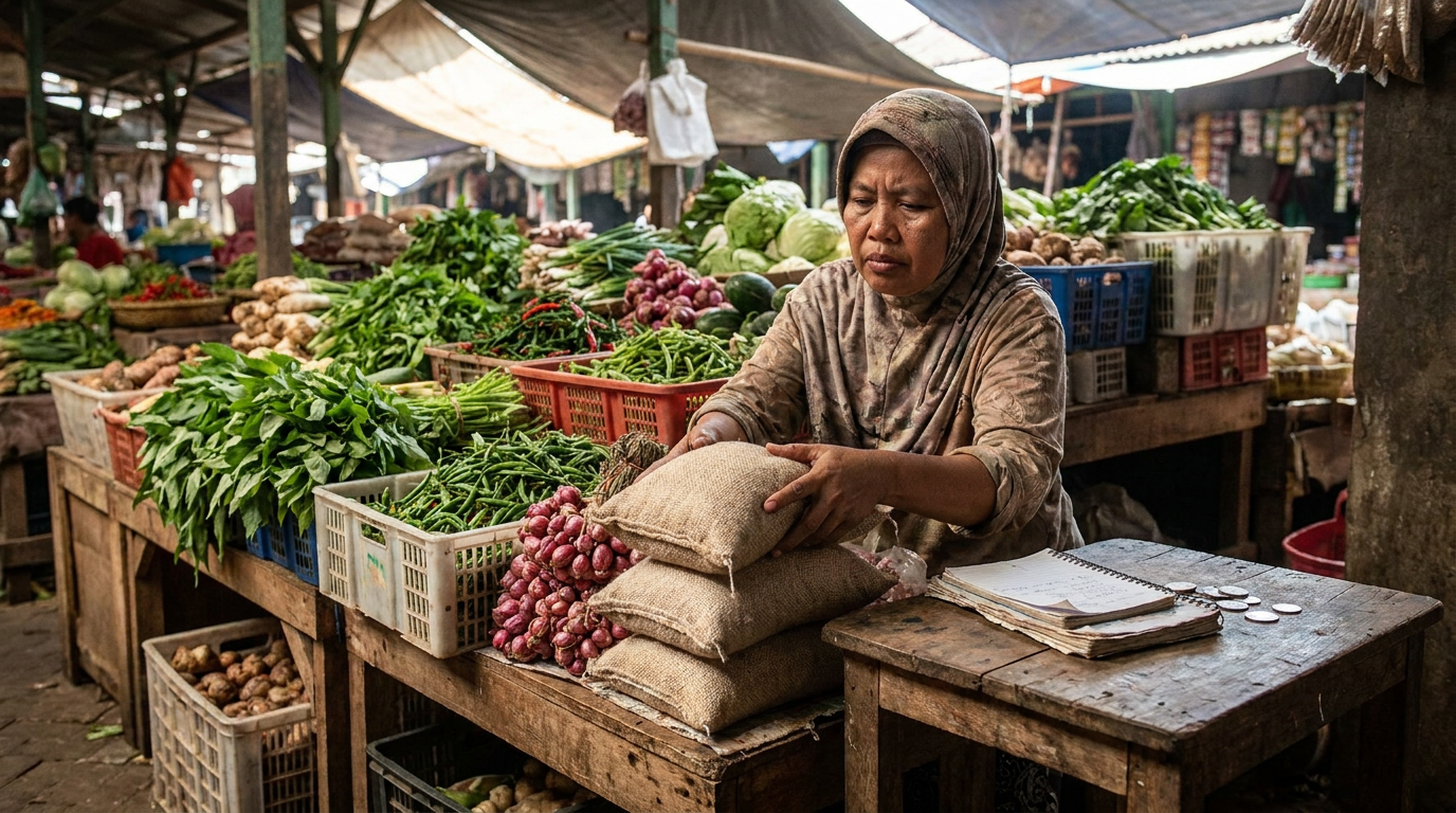 Pedagang pasar tradisional di Indonesia sedang menata bahan kebutuhan pokok seperti beras dan sayuran di tengah tekanan inflasi pangan.