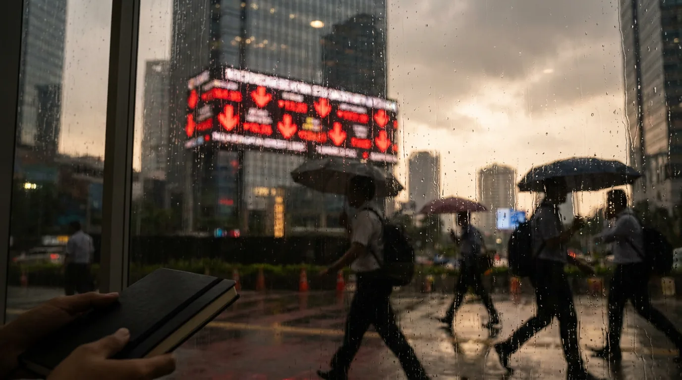 Papan elektronik bursa saham berwarna merah yang memantul di kaca gedung perkantoran Jakarta, menggambarkan penurunan IHSG.