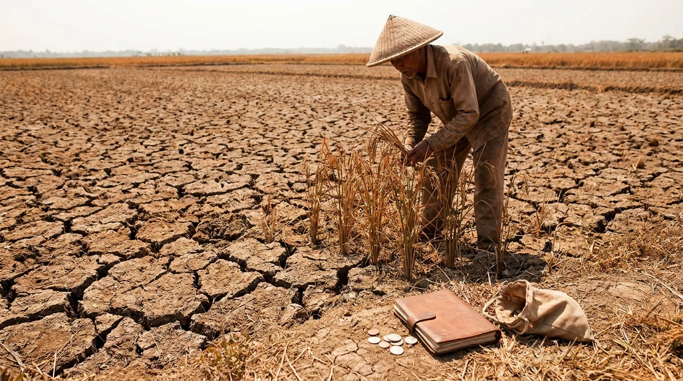 Lahan sawah yang mengering dan tanah retak akibat cuaca ekstrem El Nino di Indonesia, menggambarkan ancaman gagal panen dan risiko inflasi harga bahan pokok.