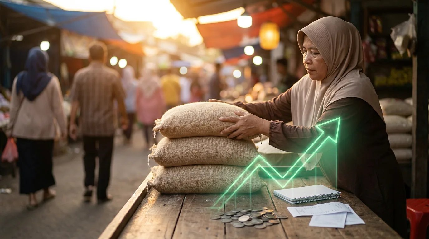 Pedagang pasar tradisional di Indonesia sedang merapikan karung beras dengan ilustrasi grafik saham hijau yang melambangkan kenaikan IHSG di tengah isu inflasi pangan.