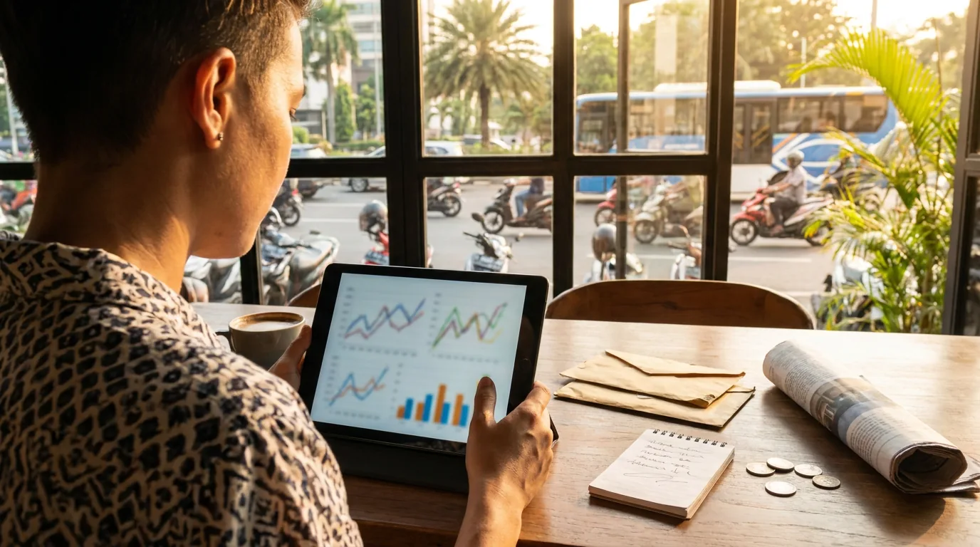 Seorang profesional di Indonesia sedang mengevaluasi portofolio investasi melalui tablet.
