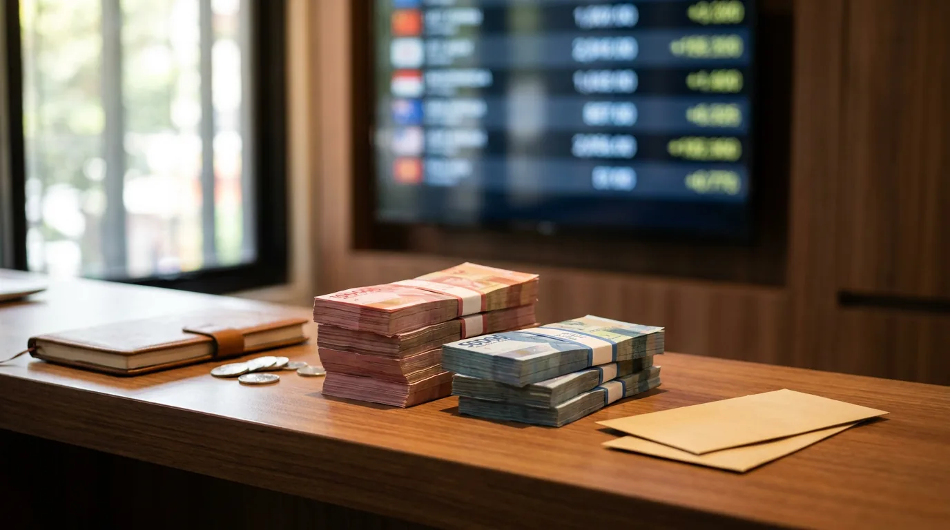 Tumpukan uang kertas Rupiah di fasilitas keuangan modern yang merepresentasikan stabilitas fiskal dan nilai tukar mata uang.