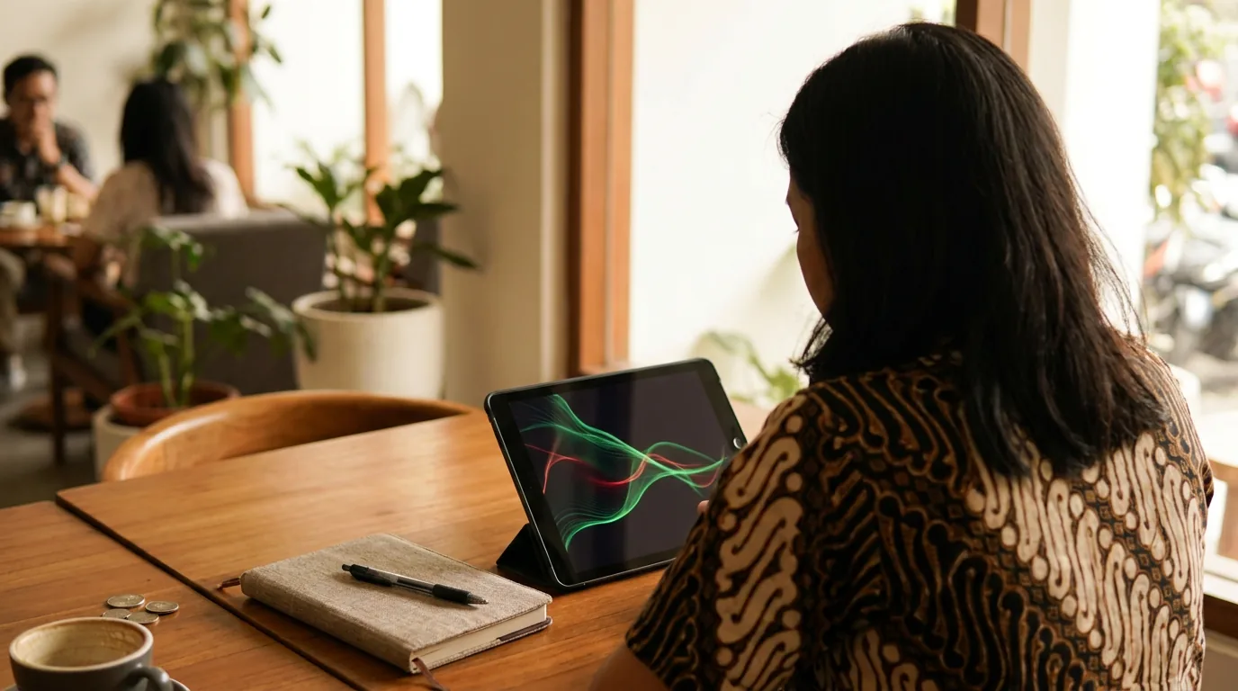 Seorang investor ritel sedang memantau pergerakan grafik saham abstrak di tablet, bersiap melakukan penyesuaian portofolio di tengah volatilitas pasar.