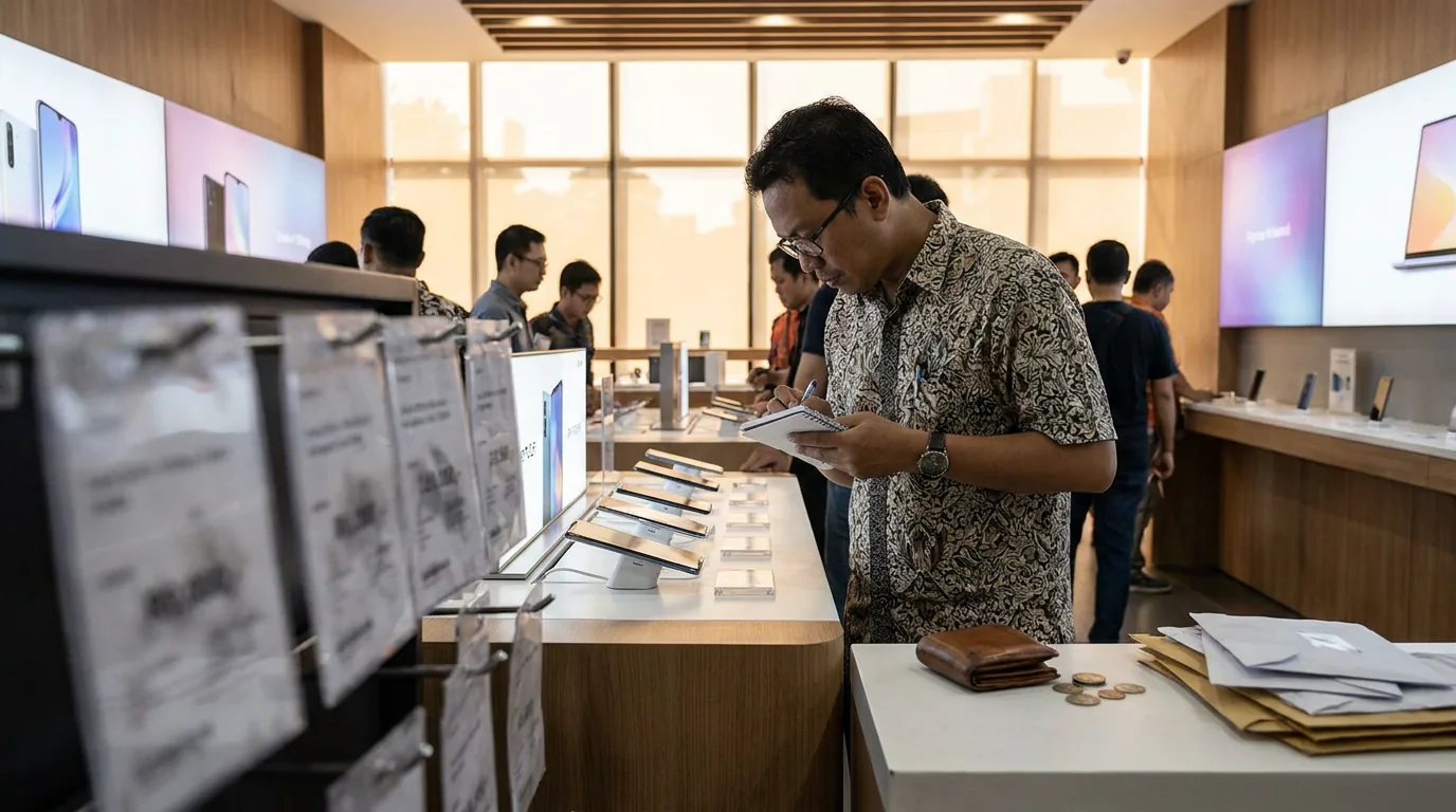 Konsumen Indonesia mengecek harga barang elektronik di toko.