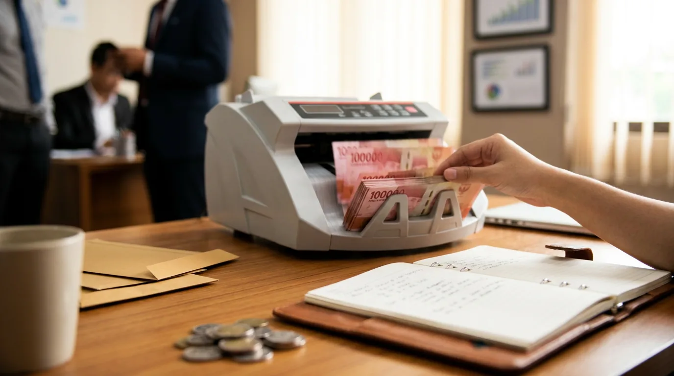Tumpukan uang kertas Rupiah di meja perbankan yang merepresentasikan penyesuaian kebijakan suku bunga dan stabilitas nilai tukar.