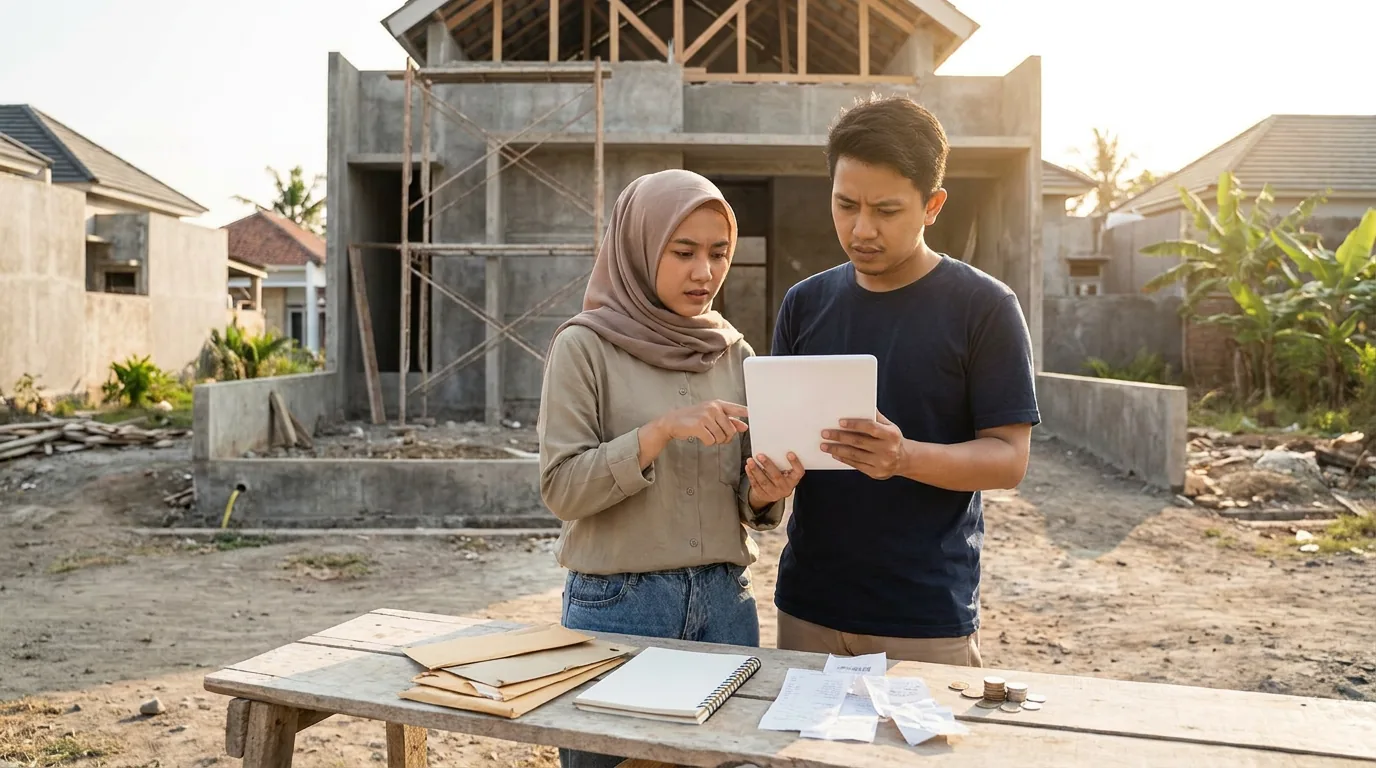 Pasangan muda Indonesia sedang berdiskusi di depan rumah yang sedang dibangun, merepresentasikan dampak kenaikan suku bunga terhadap cicilan KPR.