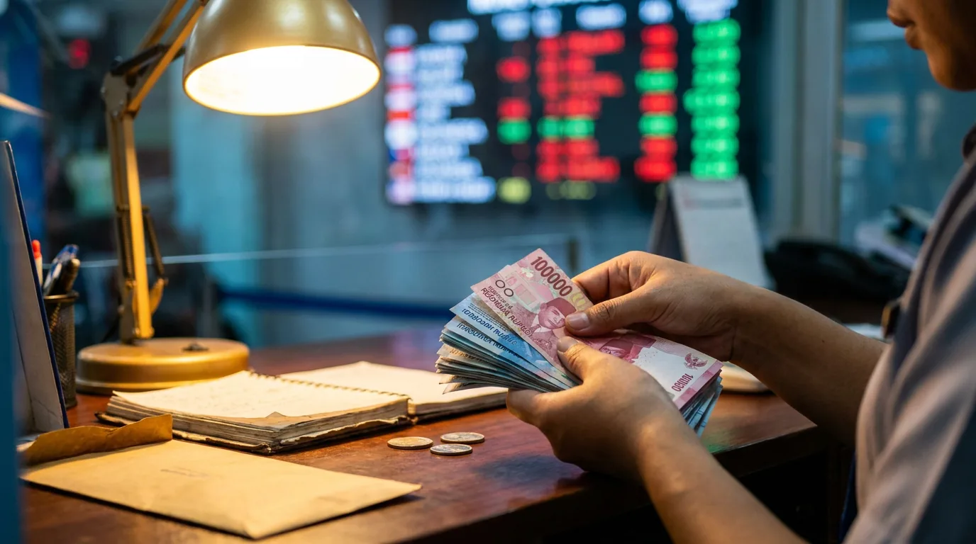 Petugas menghitung uang kertas Rupiah di konter penukaran uang dengan latar belakang papan nilai tukar abstrak, merepresentasikan tekanan ekonomi global terhadap mata uang lokal.