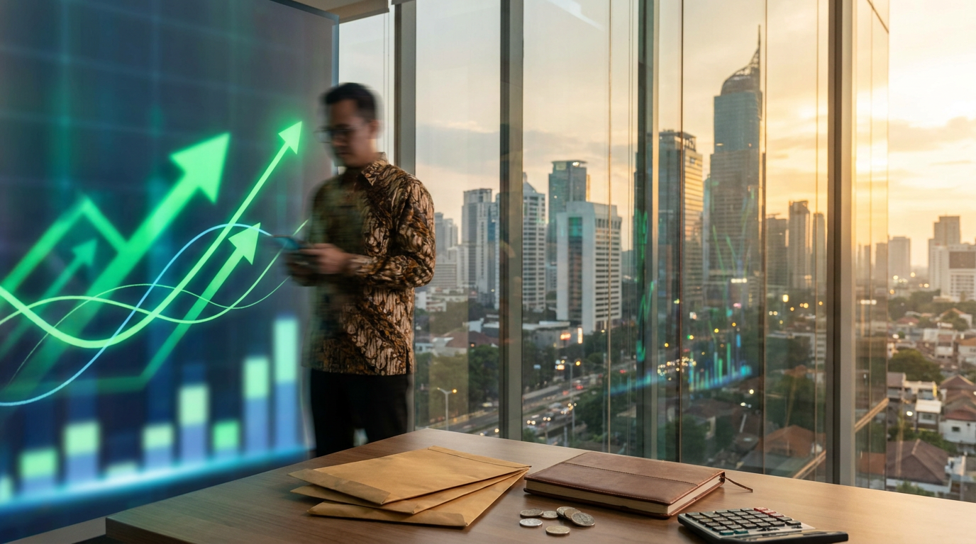 Tampilan layar digital abstrak dengan grafik panah hijau yang menunjukkan pertumbuhan investasi reksa dana indeks dan ETF di kawasan bisnis.