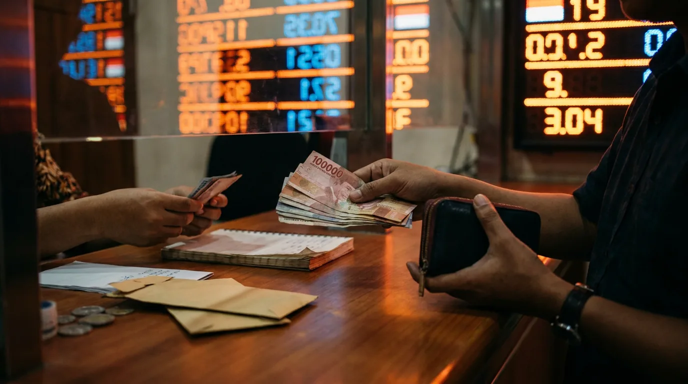 Transaksi penukaran uang Rupiah di money changer dengan latar belakang papan kurs buram, menggambarkan volatilitas nilai tukar di pasar negara berkembang.