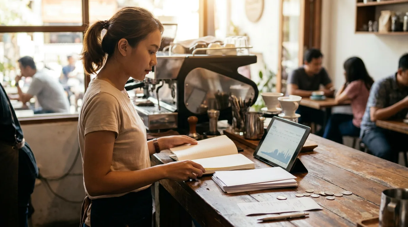 Pemilik kedai kopi lokal di Indonesia sedang merapikan dokumen di meja kasir, mewakili pentingnya pemisahan aset dan keterbukaan finansial bagi UMKM.