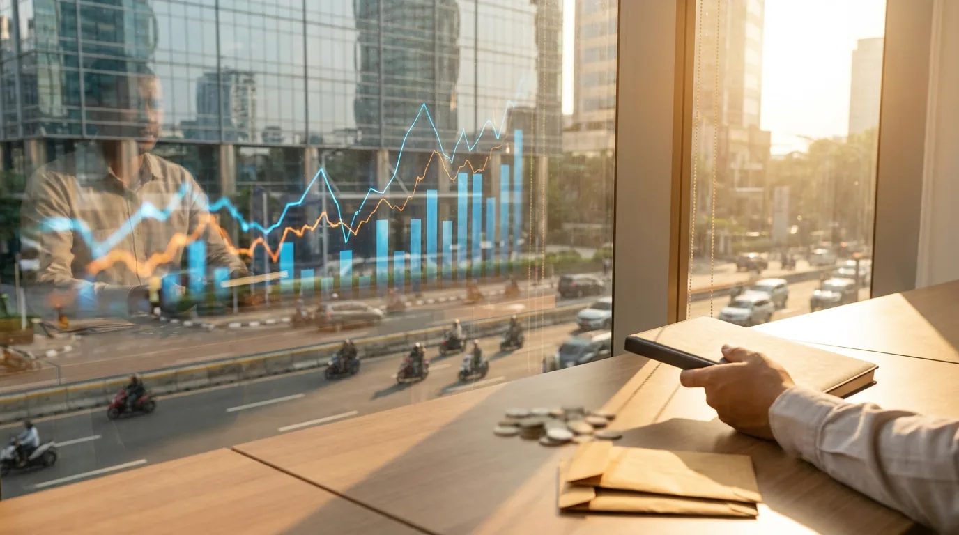 Gedung perkantoran kaca di kawasan bisnis Jakarta yang memantulkan grafik saham abstrak, melambangkan transparansi keuangan dan dampak ekonomi global.