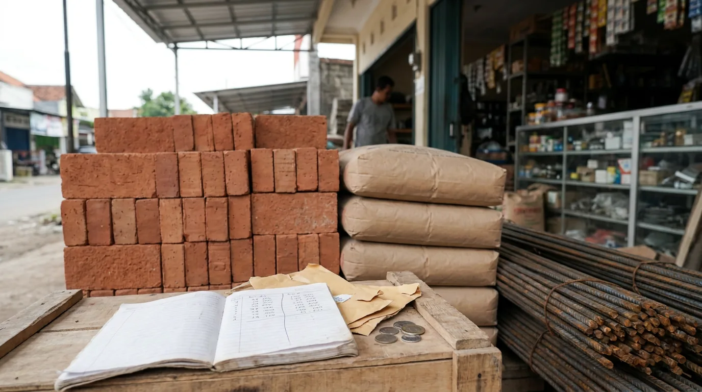 Tumpukan batu bata merah, semen, dan besi beton di toko bangunan lokal yang merepresentasikan kenaikan harga material akibat inflasi.