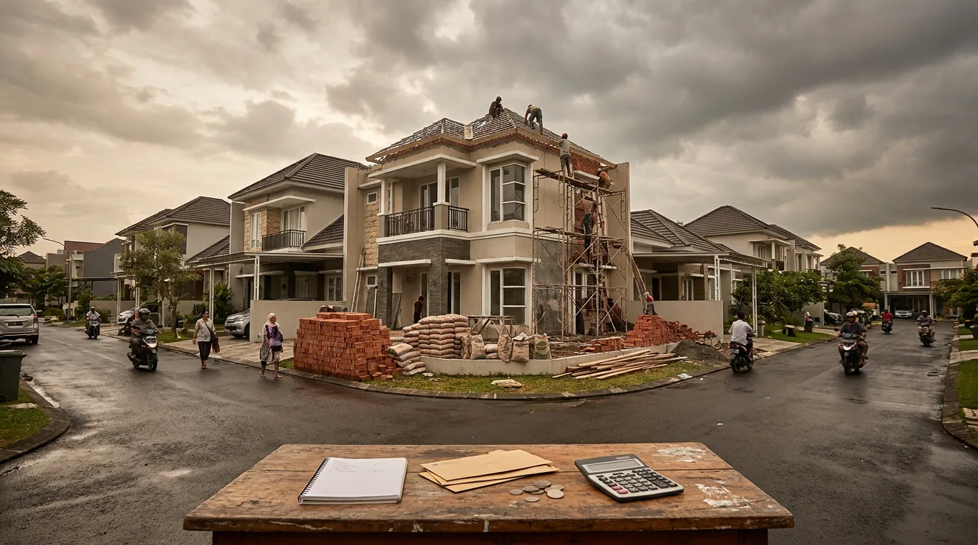 Deretan rumah di perumahan Indonesia dengan salah satu rumah sedang direnovasi di bawah langit mendung, melambangkan risiko dan biaya asuransi properti.